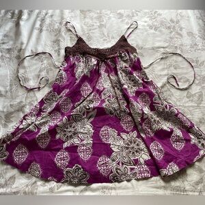 Y2K Purple Brown Floral Crochet Tie Back Mini Dress Small Fairy Dainty Ethereal